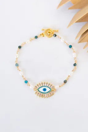 18K Toggle Blinking Evil Eye Pearl & Sodalite Bracelet