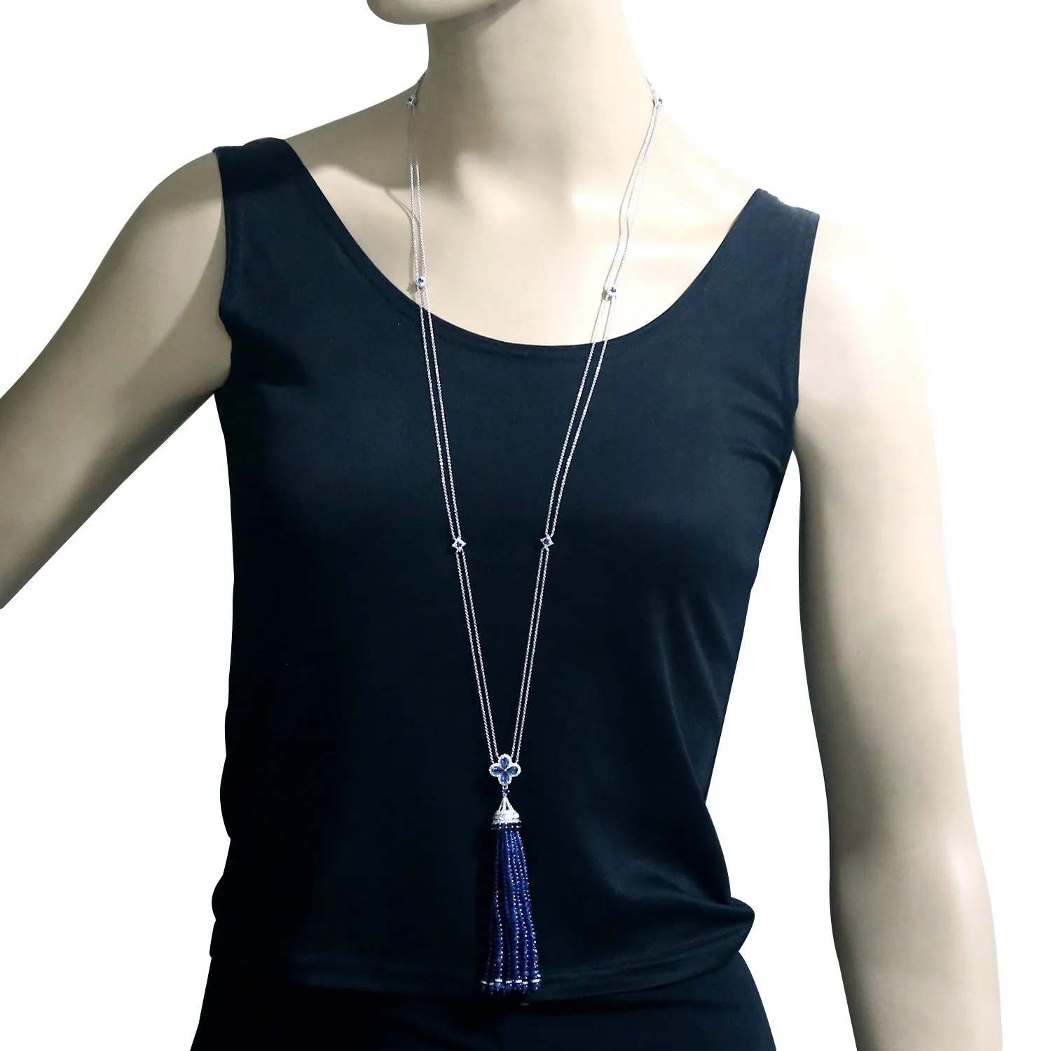 18k White Gold Chain Tassel Lariat Necklace Sapphire Beads Diamond For Her On Sale