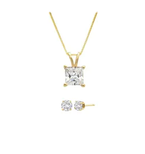 18K Yellow Gold 1/2ct White Sapphire Princess Cut 18 Inch Necklace and Round Earrings Set Plated