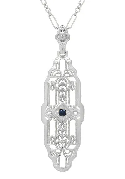 1920's Vintage Inspired Sapphire Filigree Art Deco Pendant in Sterling Silver - Lozenge Shape