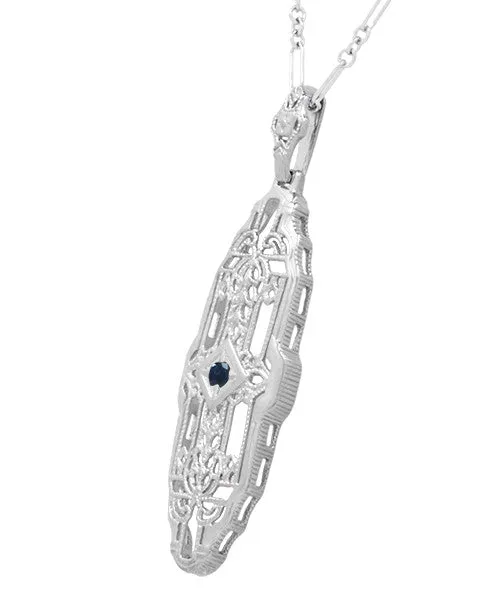 1920's Vintage Inspired Sapphire Filigree Art Deco Pendant in Sterling Silver - Lozenge Shape