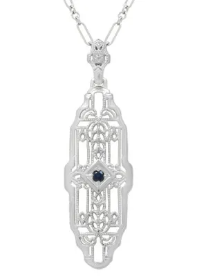 1920's Vintage Inspired Sapphire Filigree Art Deco Pendant in Sterling Silver - Lozenge Shape