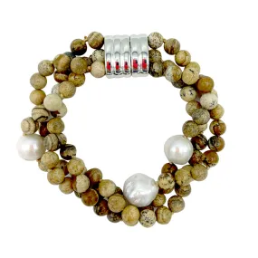 215-04 | 3-STRAND BROWN JASPER STONE & PEARL BRACELET