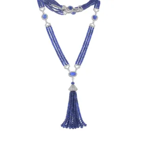 42.95Ct Cabochon Sapphire and 592.88Ct Sapphire Beads and 7.24Ct Diamond Tassel Necklace in Platinum, 36in