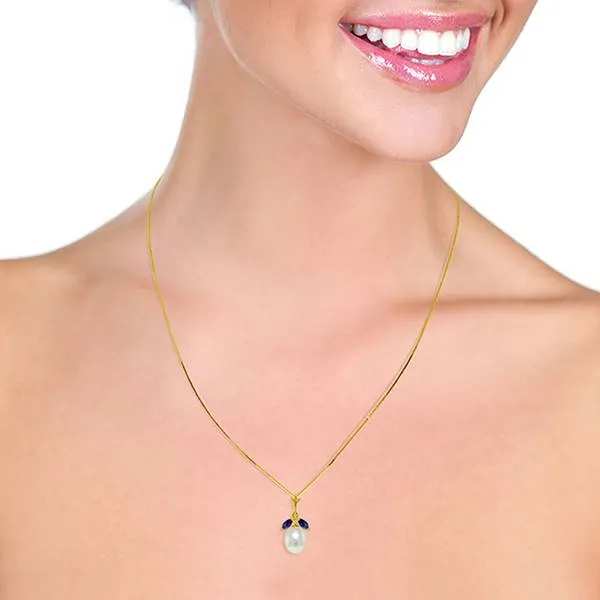 4.5 Carat 14K Solid Yellow Gold Necklace Natural Pearl Sapphire