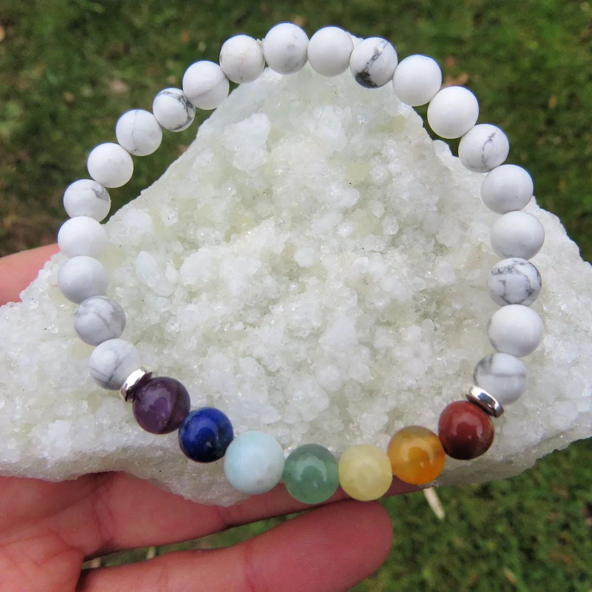 7 Chakra Bracelet w/ Crystal Healing Stone Beads in Black or White