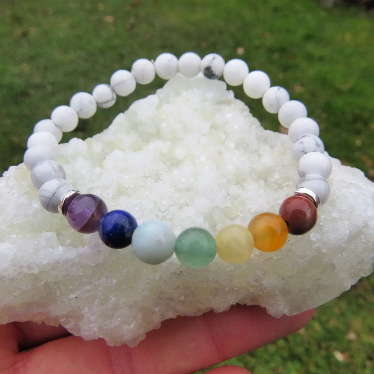 7 Chakra Bracelet w/ Crystal Healing Stone Beads in Black or White