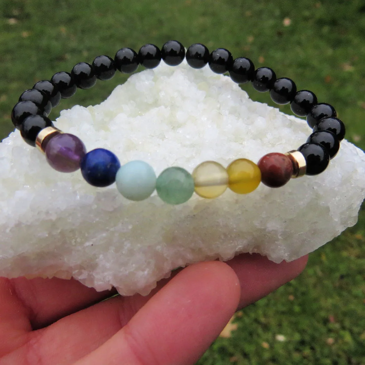 7 Chakra Bracelet w/ Crystal Healing Stone Beads in Black or White