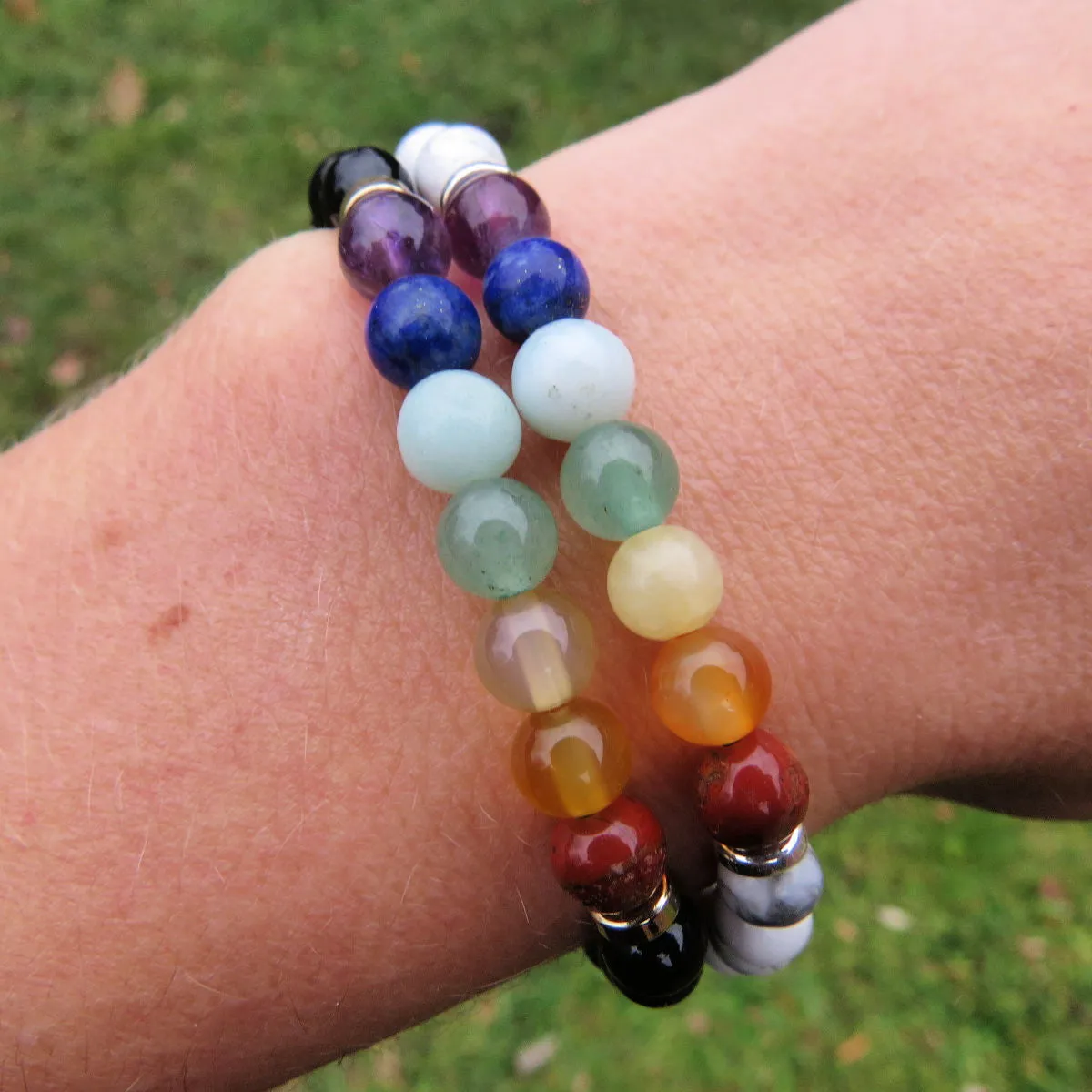 7 Chakra Bracelet w/ Crystal Healing Stone Beads in Black or White