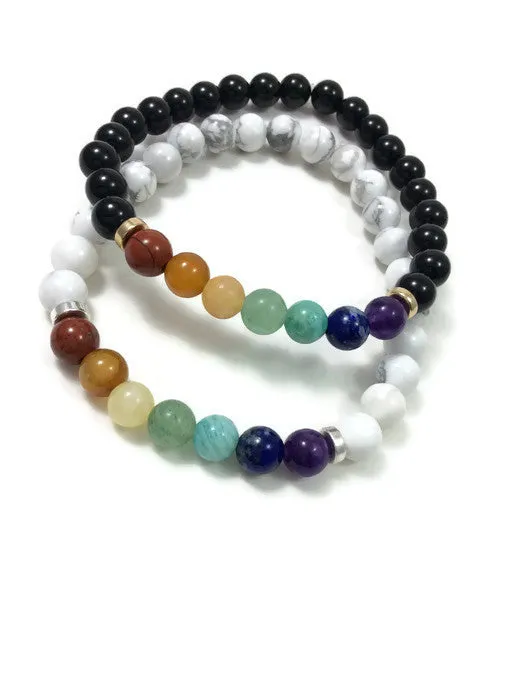 7 Chakra Bracelet w/ Crystal Healing Stone Beads in Black or White