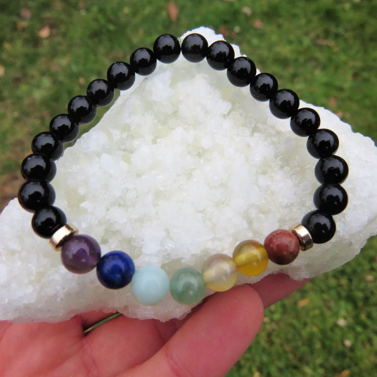 7 Chakra Bracelet w/ Crystal Healing Stone Beads in Black or White