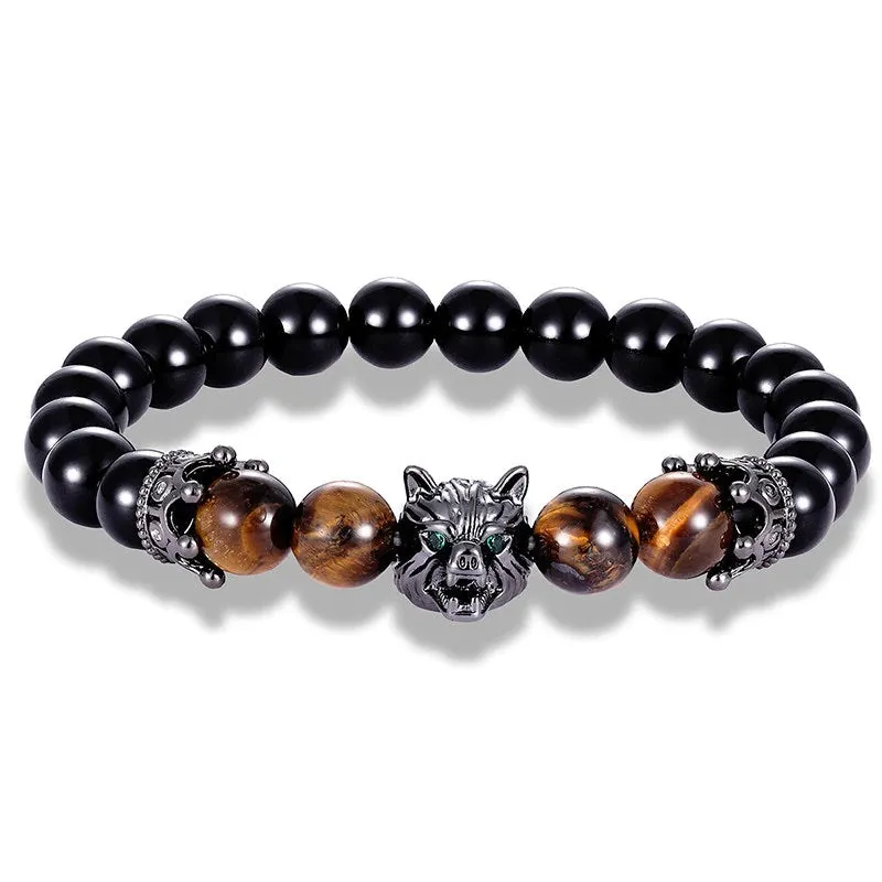 8mm Black Onyx Tiger-Eye Crown Wolf Bead Bracelet