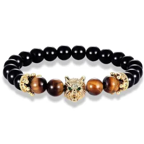 8mm Black Onyx Tiger-Eye Crown Wolf Bead Bracelet