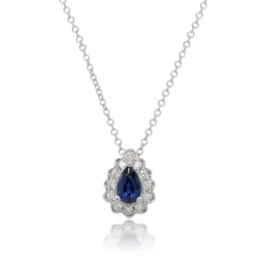 9ct White Gold Pear Sapphire & Diamond Halo Necklace