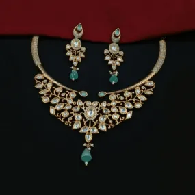 Ad Kundan Leaf Necklace Set With Pearl Drops