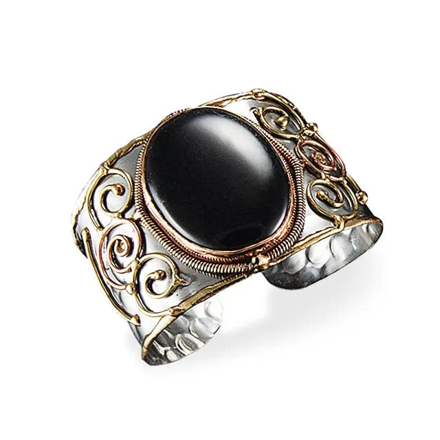 Anju Mixed Metal and Black Onyx Stone Cuff Bracelet