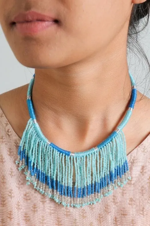 Antarang-  Aasmani (Blue) Jumki Bead Choker,  100% Cotton. Hand Made By Divyang Rural Women.