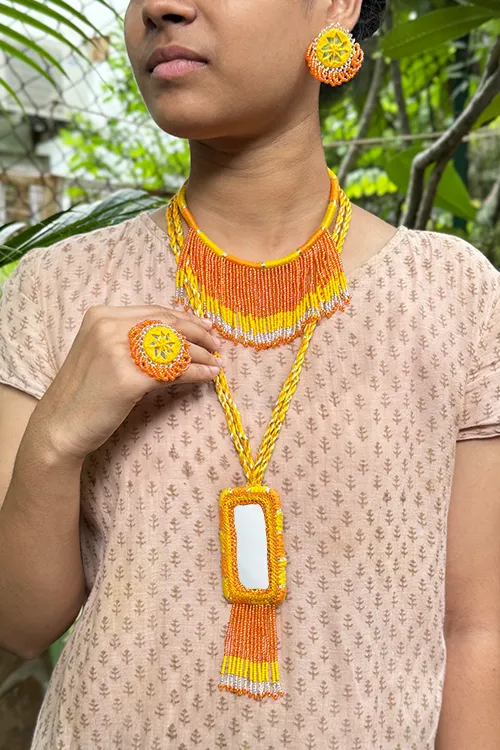 Antarang- Haldi Pushpa(Yellow-Orange),Bead Jumki Full Set,  100% Cotton. Hand Made By Divyang Rural Women.