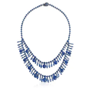 Antiqued 18K White Gold Blue Sapphire Necklace