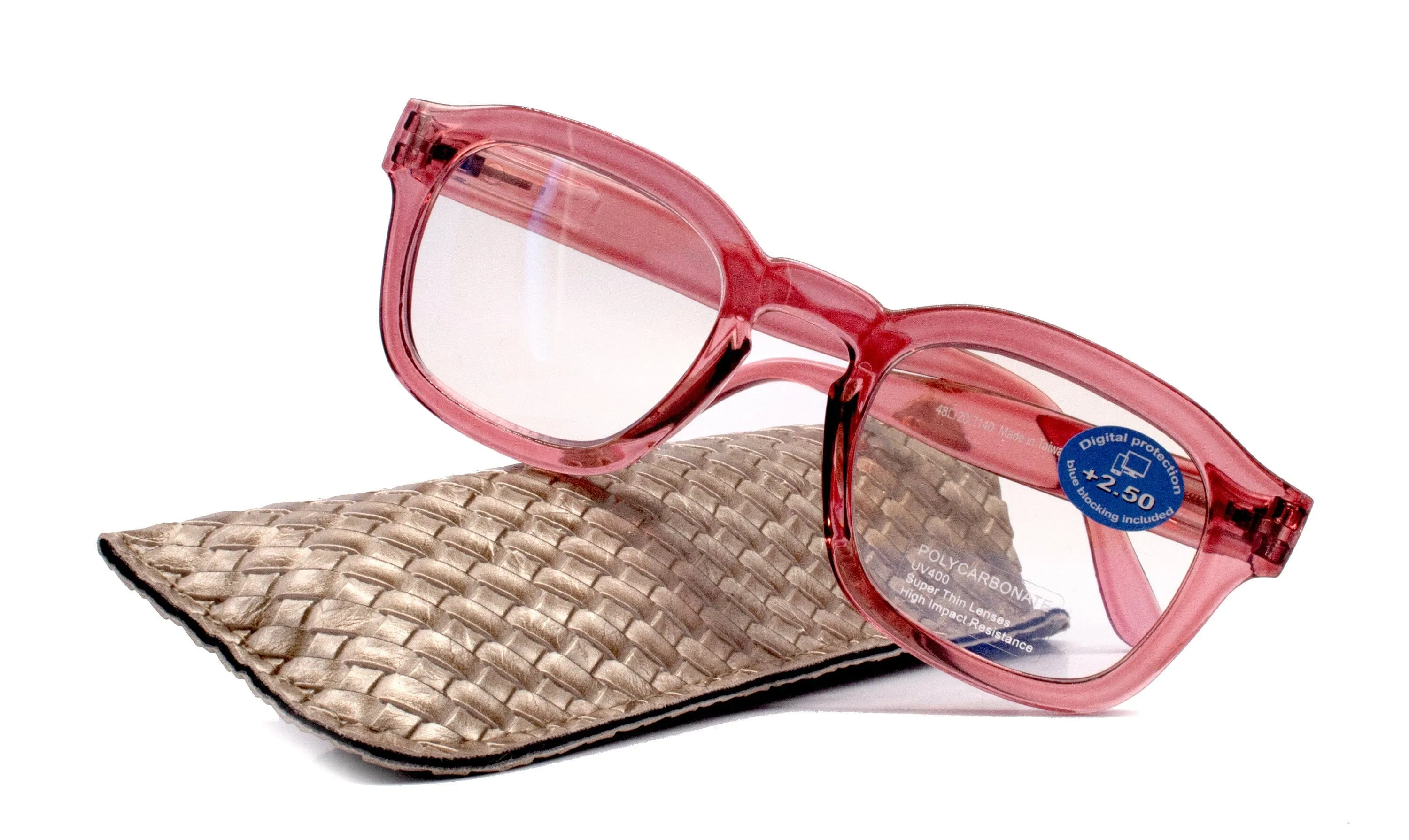 Apollo, (Blue Light Glasses) (Blue Light Blocker) Reduce Eyestrain, A/R Anti Glare.  1.25  3.00, Large Square (Pink) NY Fifth Avenue.