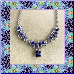 Barrel Weave Scalloped Rhinestone Necklace Kit with Video - Silver & Sapphire