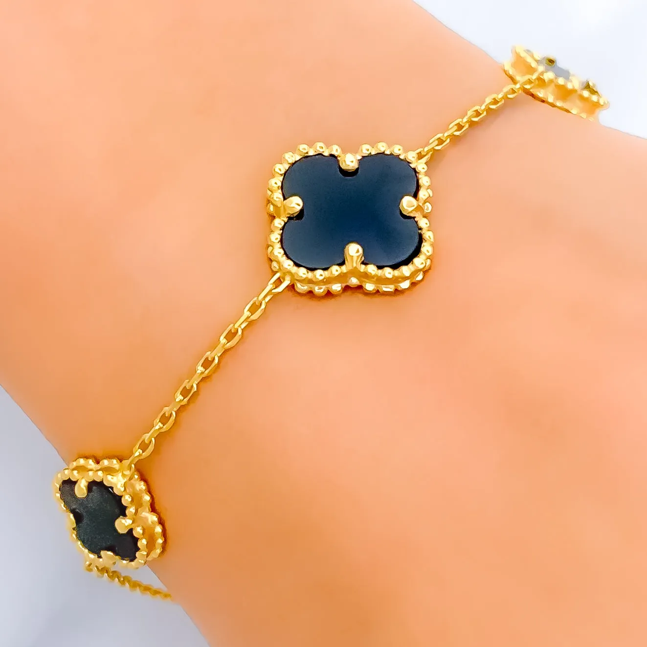 Beautiful Black Onyx 21k Gold Clover Bracelet