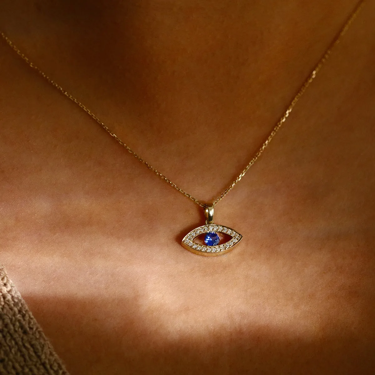 Bijou Collection Blue Sapphire & Diamond Evil Eye Pendant | 9K Yellow Gold