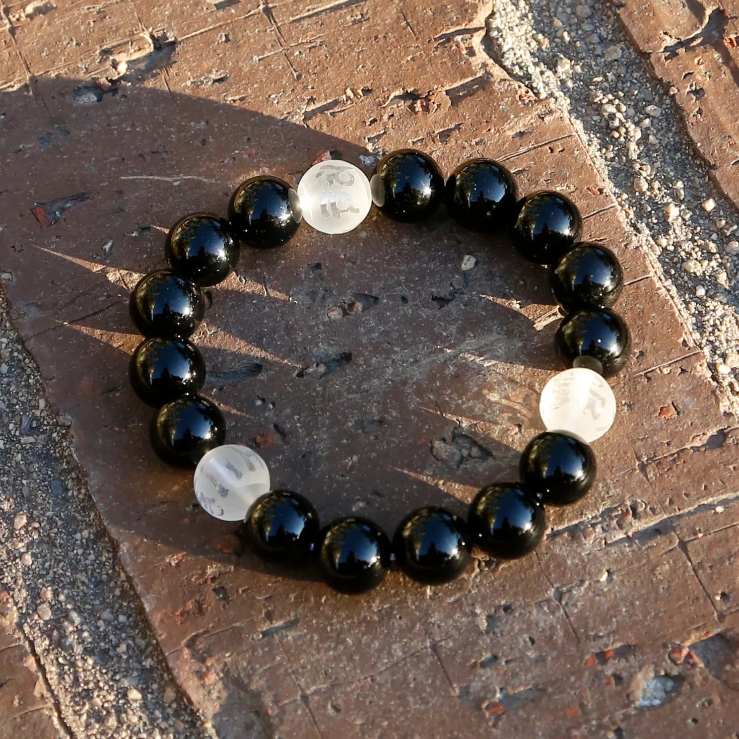 Black and White Tibetan Buddhist Prayers Symbols Beaded Bracelet, Black Onyx and Quartz Mala (Q)