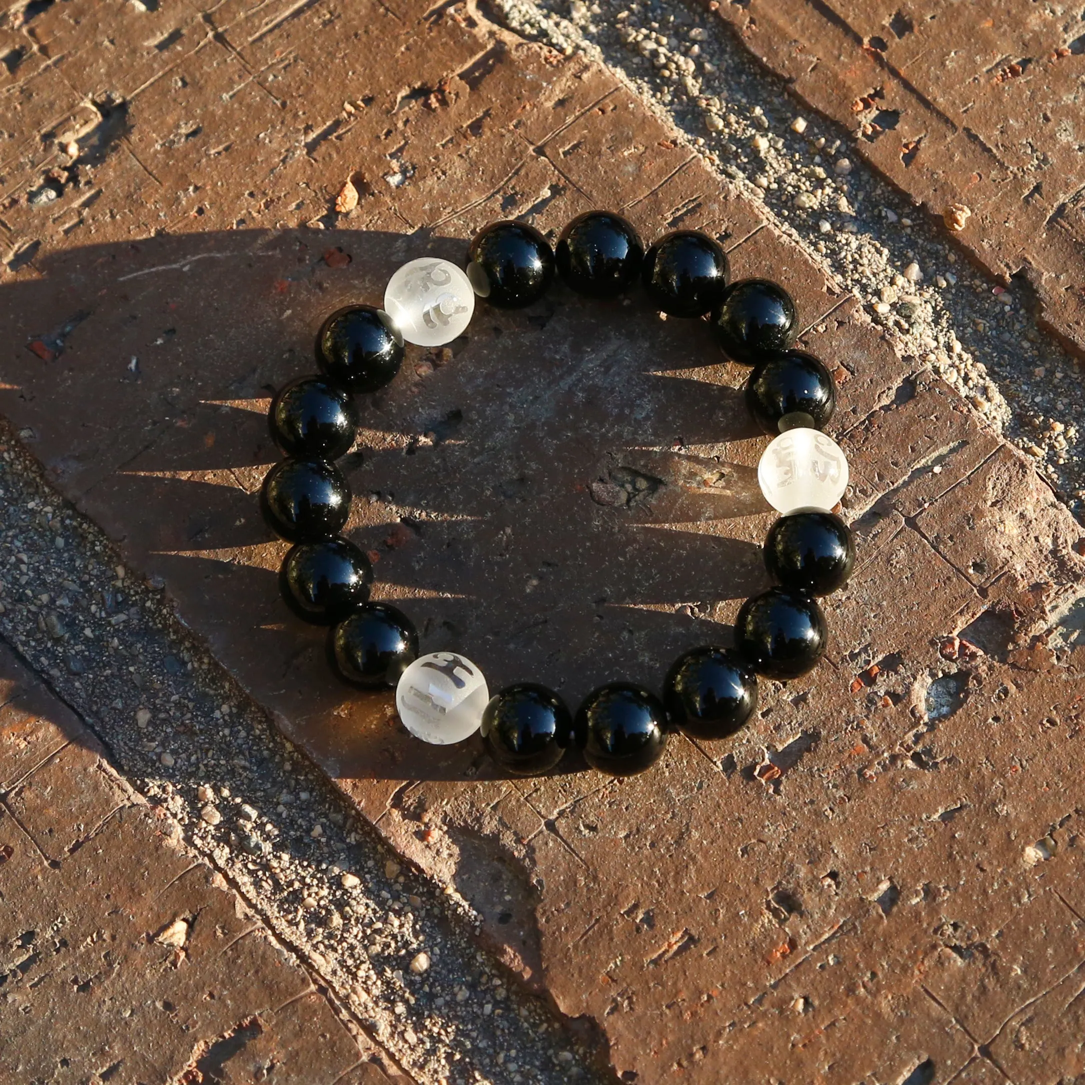 Black and White Tibetan Buddhist Prayers Symbols Beaded Bracelet, Black Onyx and Quartz Mala (Q)