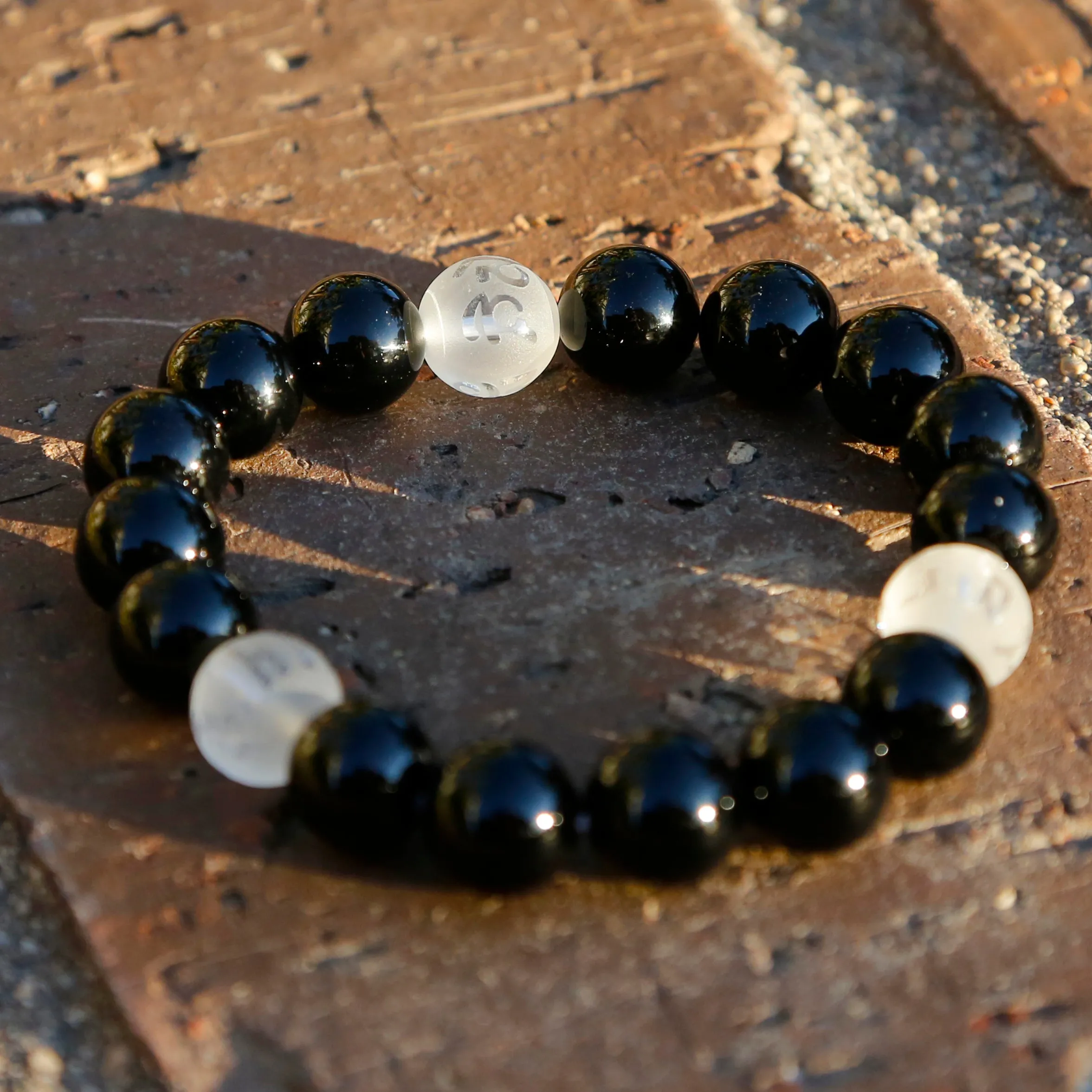 Black and White Tibetan Buddhist Prayers Symbols Beaded Bracelet, Black Onyx and Quartz Mala (Q)