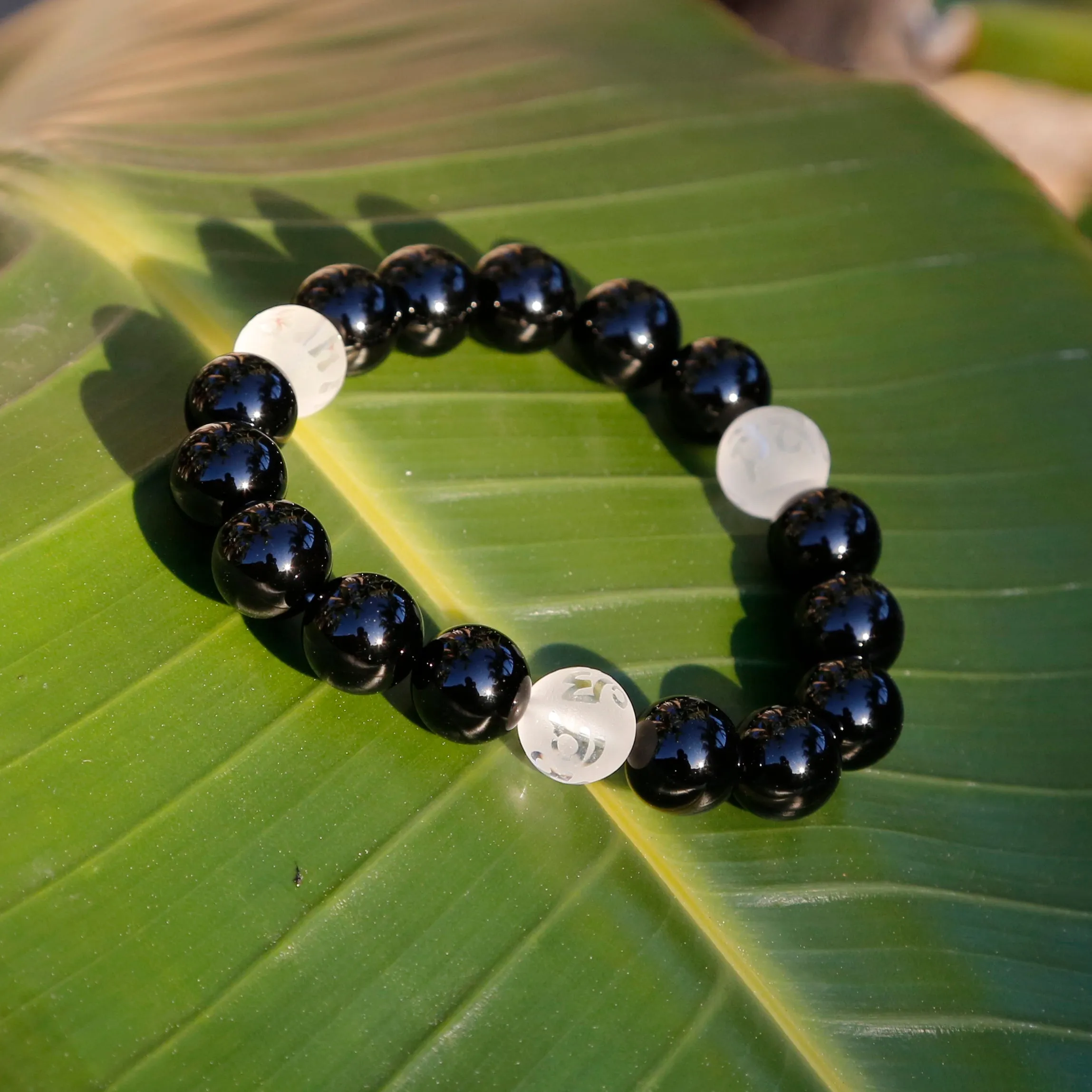 Black and White Tibetan Buddhist Prayers Symbols Beaded Bracelet, Black Onyx and Quartz Mala (Q)