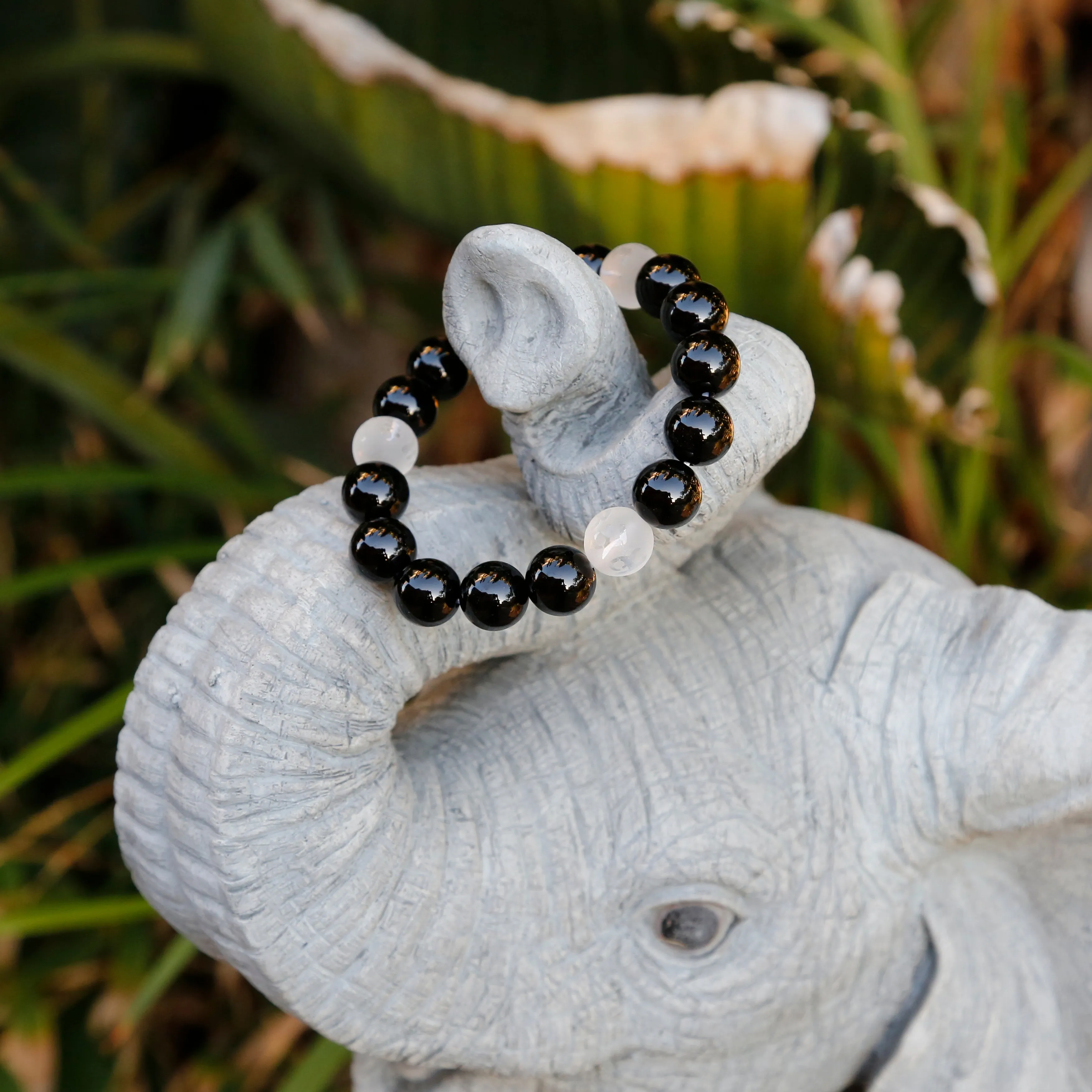 Black and White Tibetan Buddhist Prayers Symbols Beaded Bracelet, Black Onyx and Quartz Mala (Q)