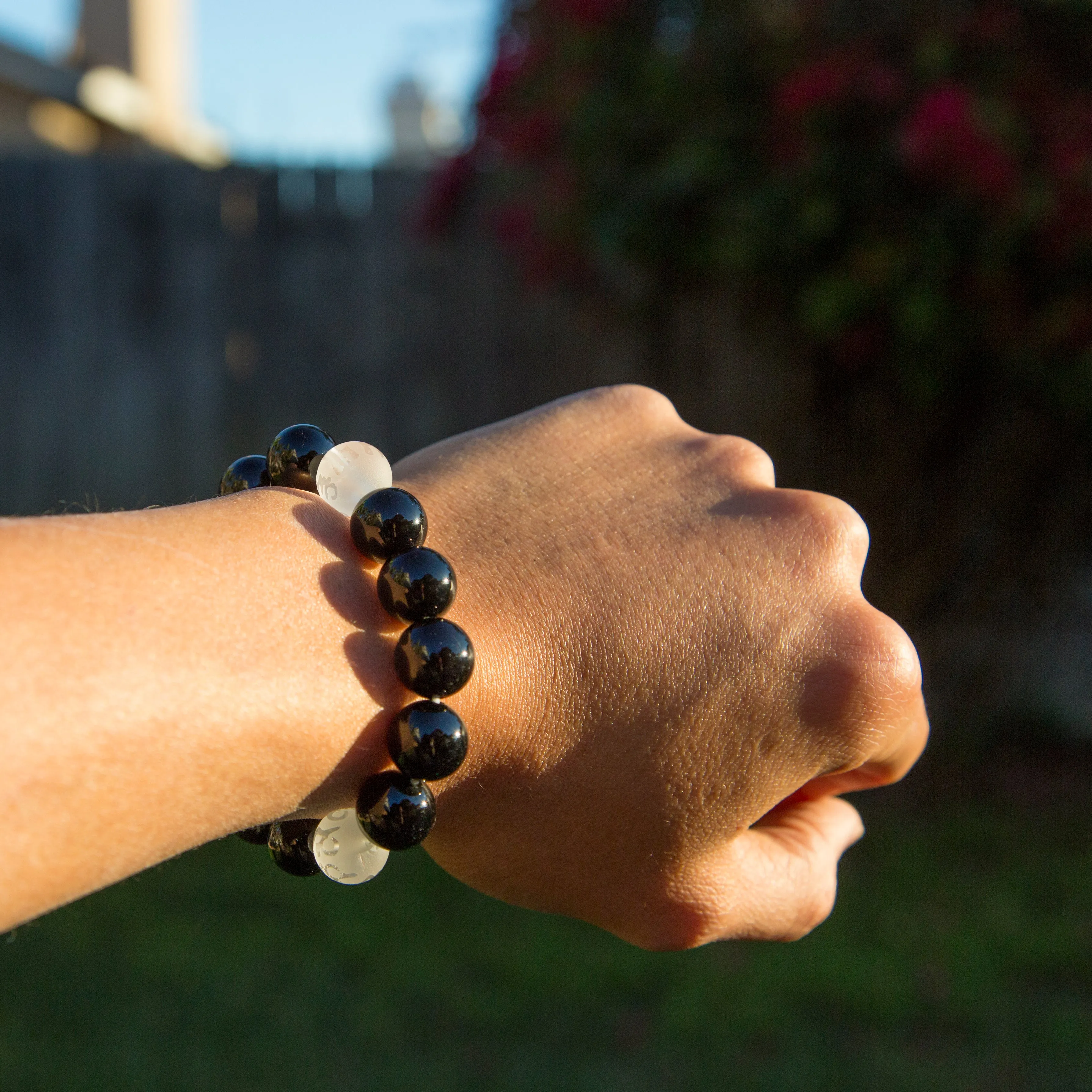 Black and White Tibetan Buddhist Prayers Symbols Beaded Bracelet, Black Onyx and Quartz Mala (Q)