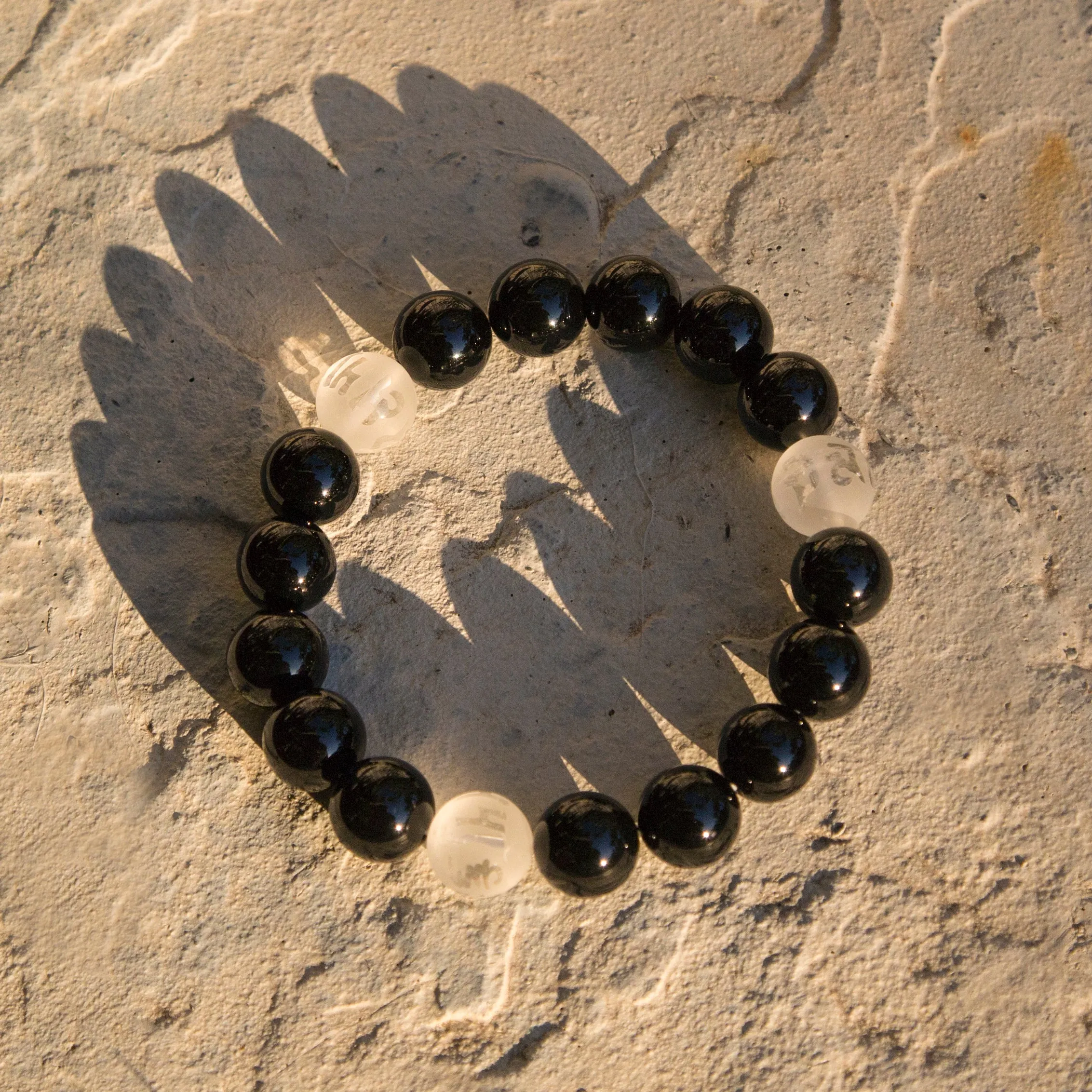 Black and White Tibetan Buddhist Prayers Symbols Beaded Bracelet, Black Onyx and Quartz Mala (Q)