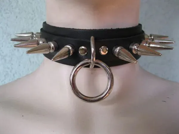 Black Leather Collar w/ 1 Row of Long Silver Spikes and Large O Ring