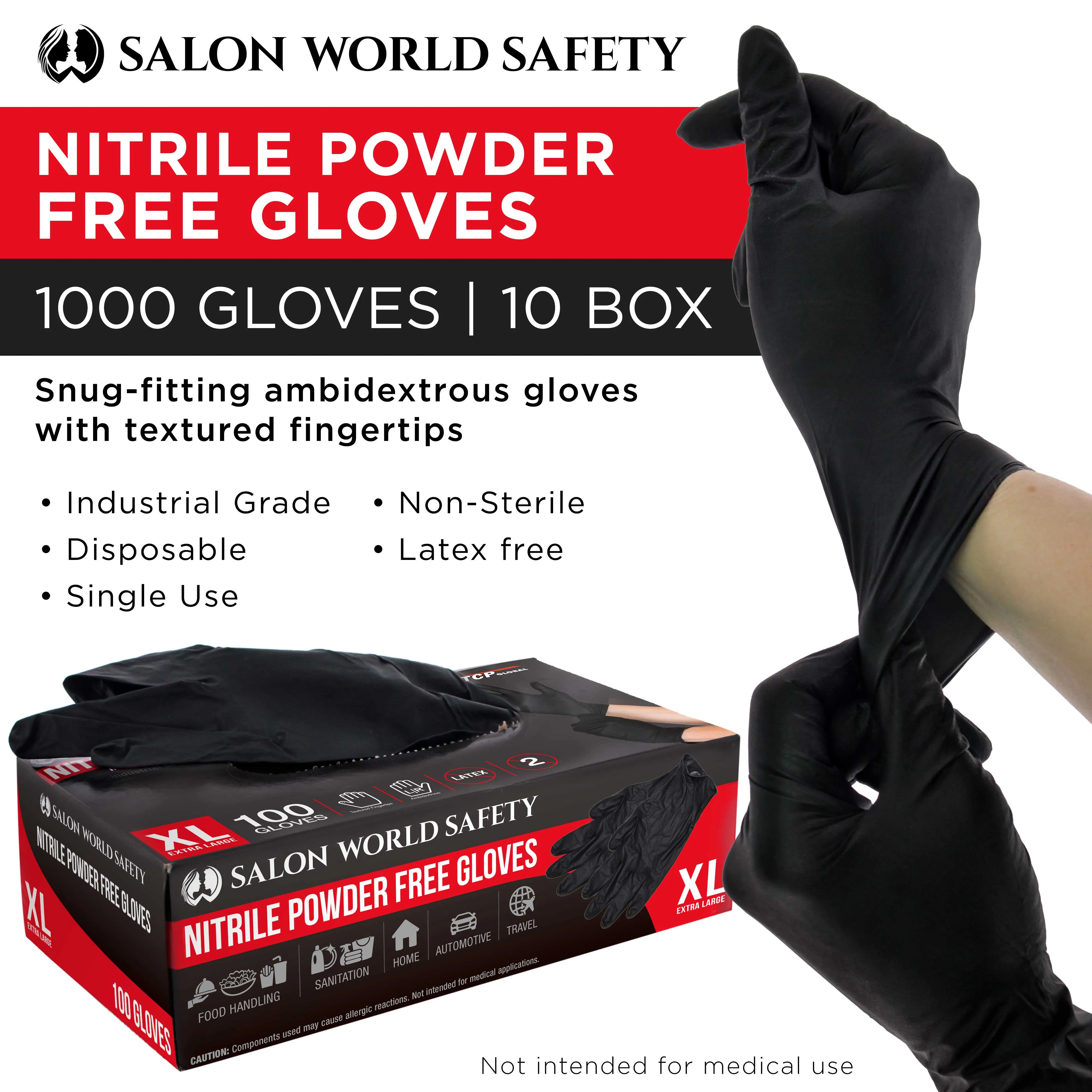 Black Nitrile Disposable Gloves, 10 Boxes of 100 - X-Large, 4 Mil Thick - Latex and Powder Free, Textured Tips, Food Safe, Extra-Strong Protection