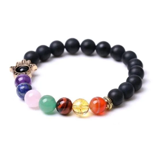 Black Onyx Hamsa 7 Chakra Elastic Bracelet | Protection, Strength & Spiritual Alignment