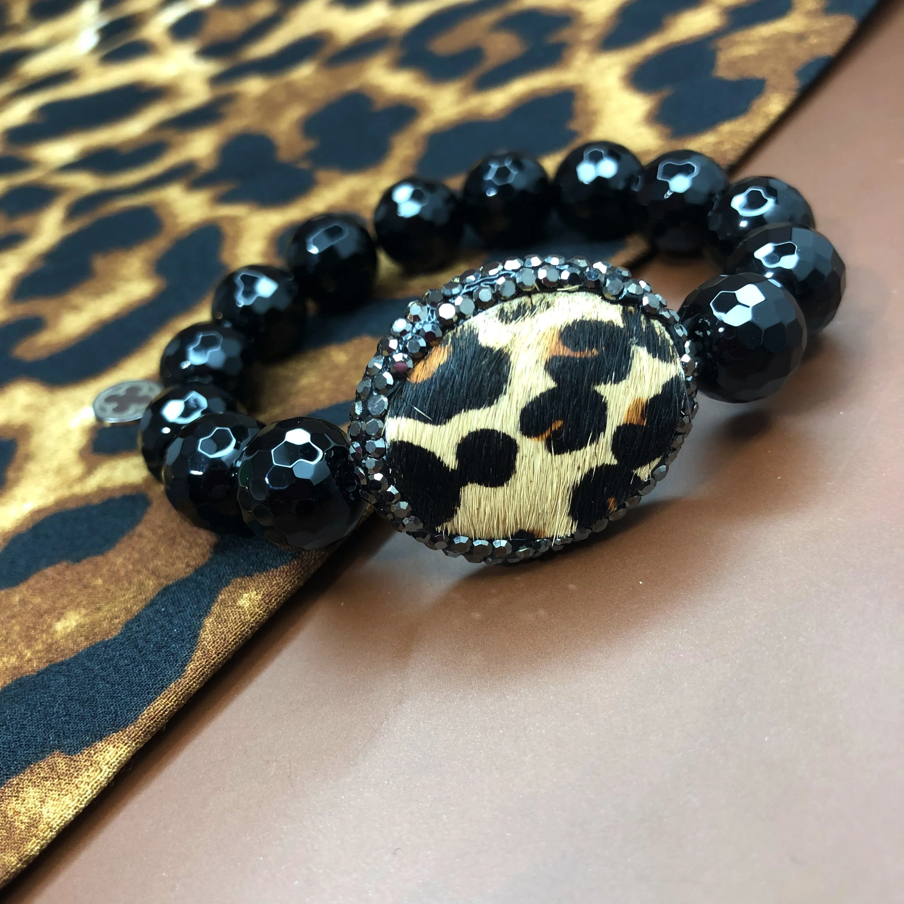 Black Onyx with Leopard Calf Hair Focal Bead