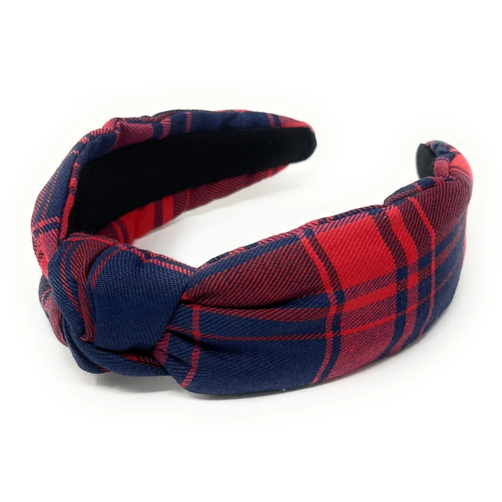 Blue Red Plaid Top Knot Headband