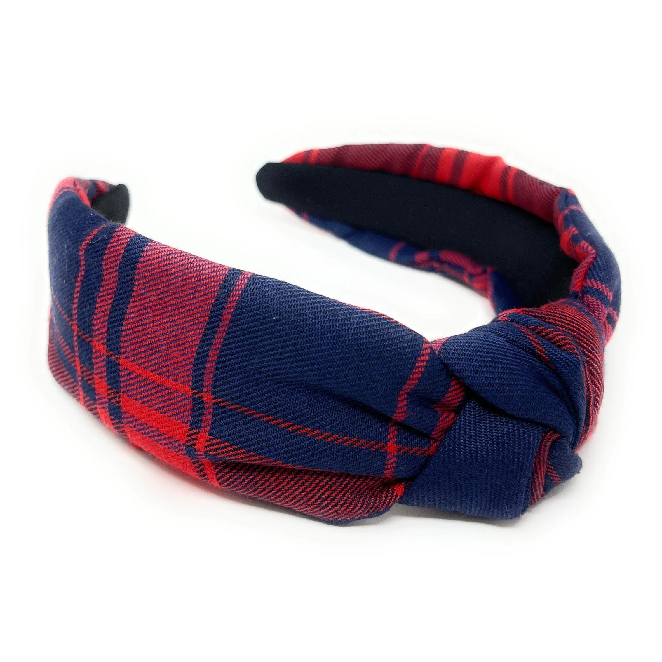 Blue Red Plaid Top Knot Headband