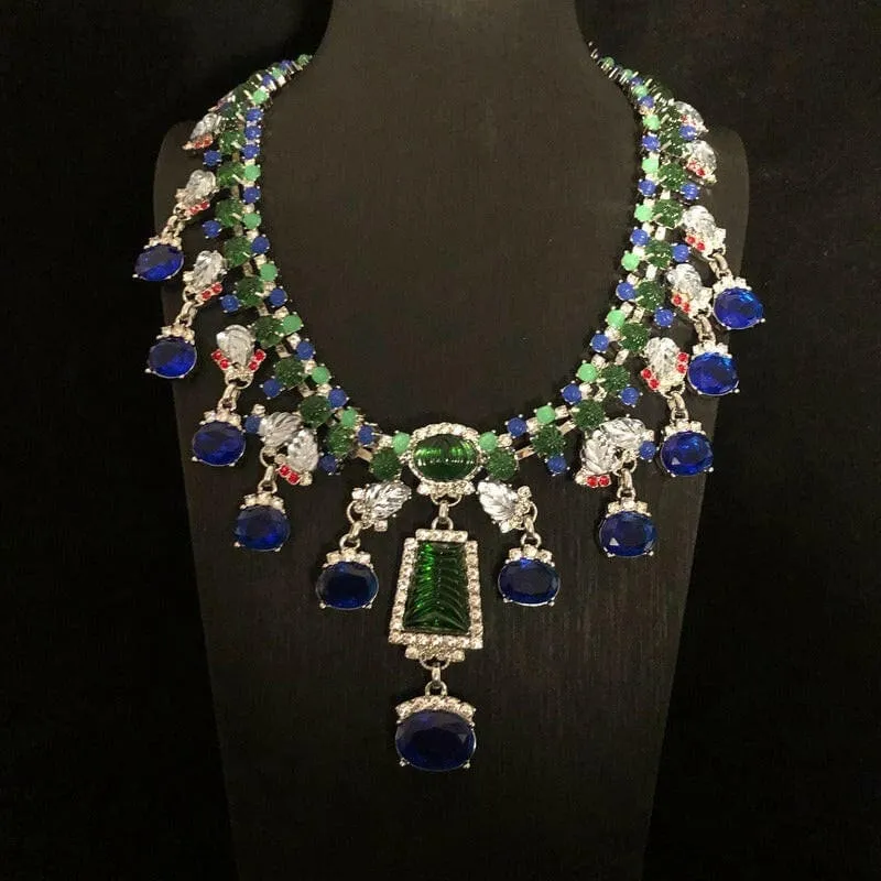 Blue Rhinestone Necklace and Earrings Set with Gemstone Accents