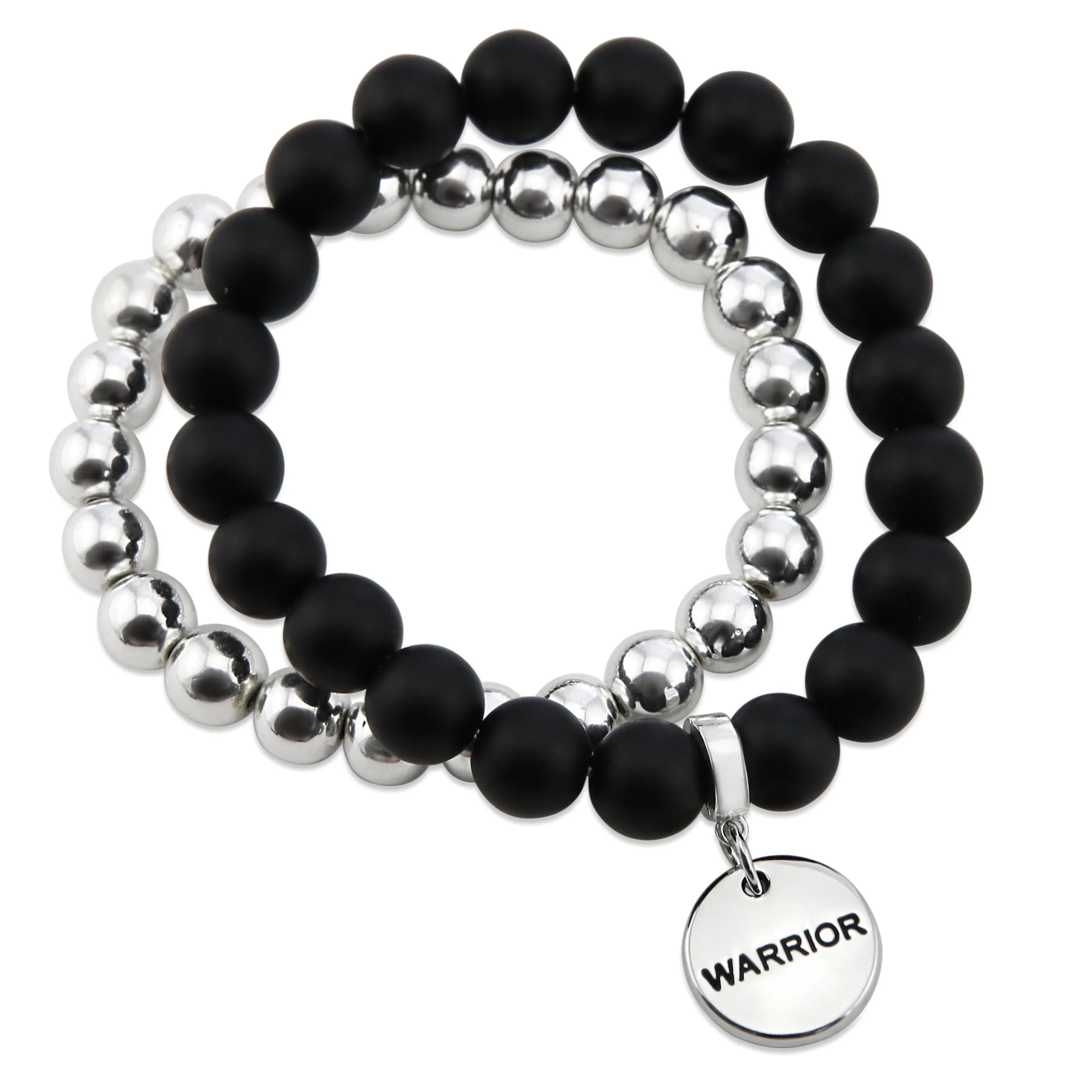 Bracelet Duo! Silver & Matt Black Onyx bead bracelet stacker set - WARRIOR (12025)