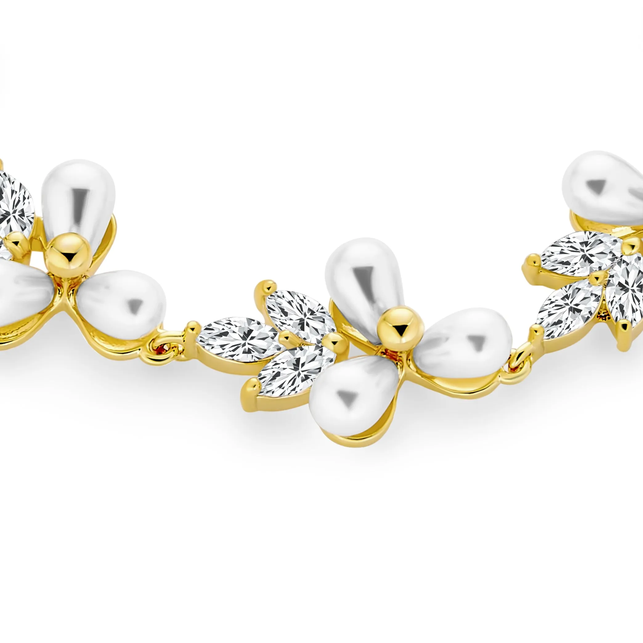 Bridal Flowers Marquise CZ Leaf Genuine Pearl Bracelet Gold Plated 7"