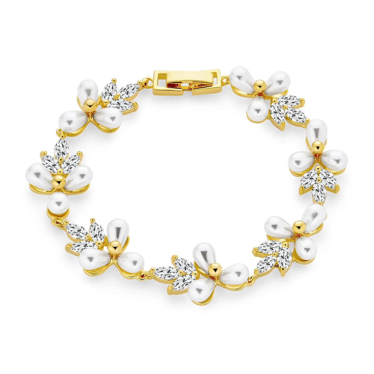 Bridal Flowers Marquise CZ Leaf Genuine Pearl Bracelet Gold Plated 7"