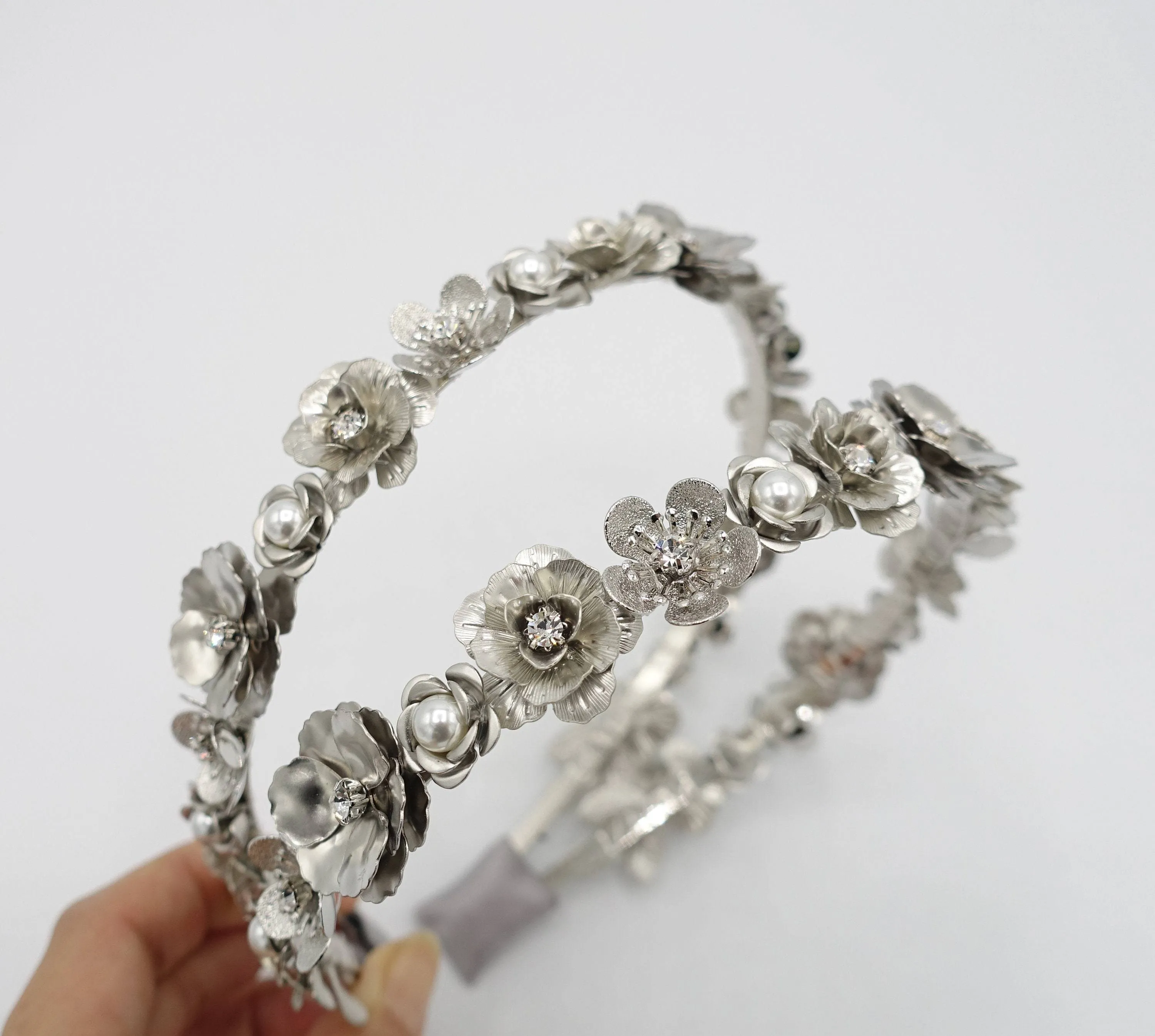 bridal headband metal petal pearl embellished hair accessory