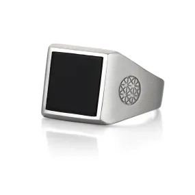 Brushed Square Onyx Ring - Solid Silver