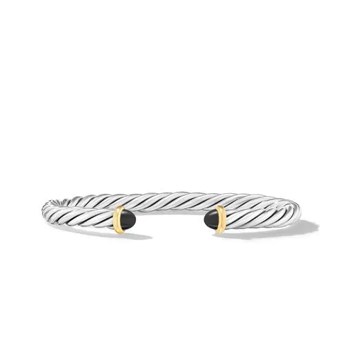 Cable Cuff Bracelet in Sterling Silver with 14K Yellow Gold and Black Onyx, 6mm