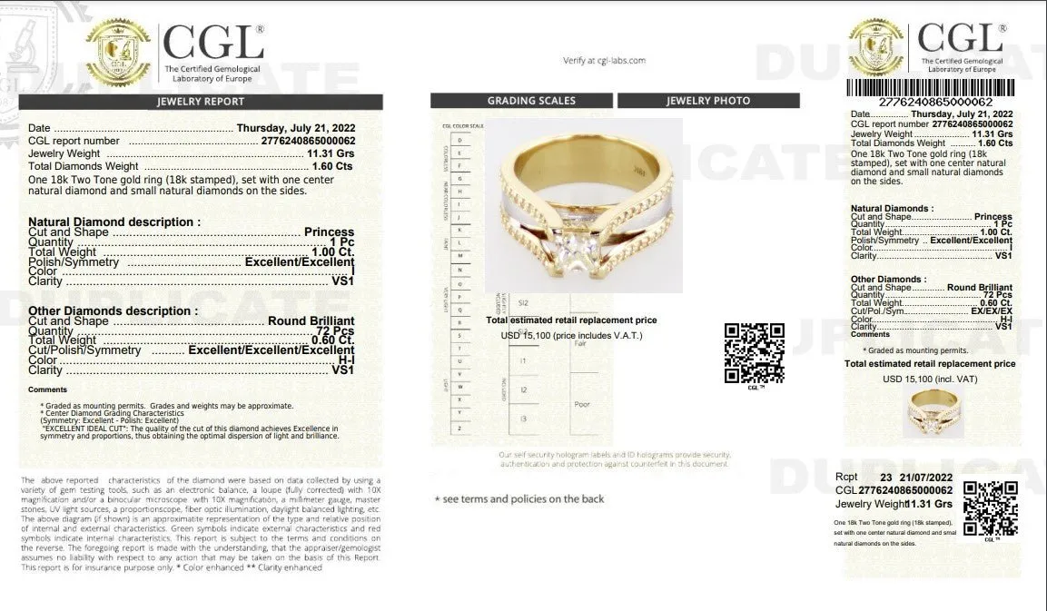 Certified 1.60CT Princess and Round Cut Diamond Engagement Ring in 18KT Two Tone Gold