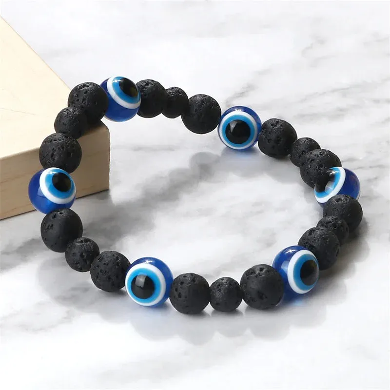 Charm Black Matte Lava Beads Bracelet Turkish Lucky Evil Eye Bangles for Women Men Natural Stone Obsidian Onyx Bracelets Jewelry