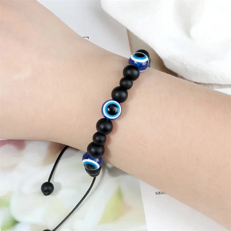 Charm Black Matte Lava Beads Bracelet Turkish Lucky Evil Eye Bangles for Women Men Natural Stone Obsidian Onyx Bracelets Jewelry